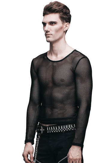Men's Sexy Gothic Mesh Top: Steampunk O-Neck, Long Sleeves